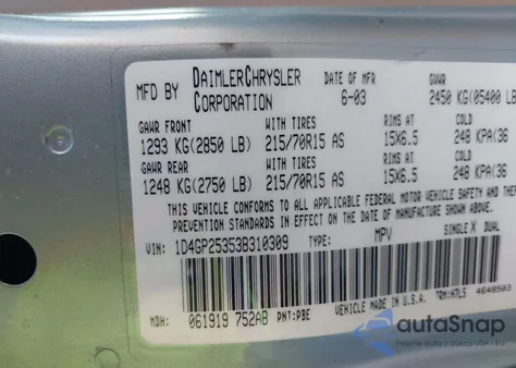 2003 Dodge Caravan Se from USA, damaged, VIN 1D4GP25353B310309